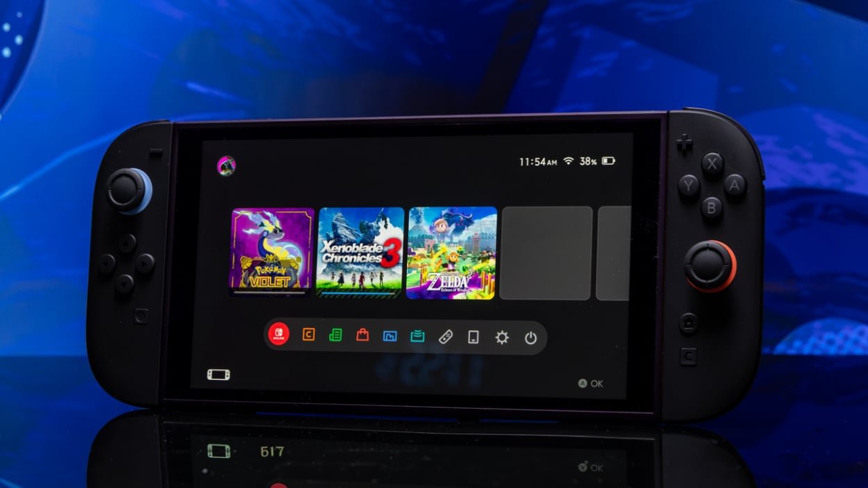 close-up portrait of nintendo switch 2 open to nintendo library