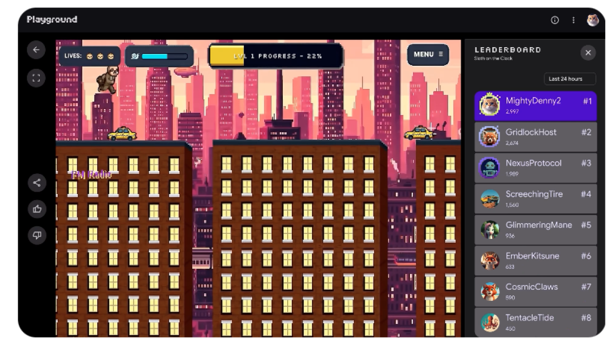 Google Playground showing a pixel-art platform game with a sloth jumping above city rooftops and a player leaderboard on the right.