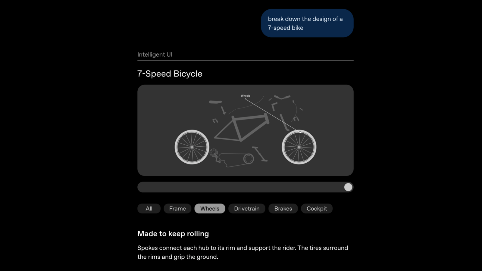 A screenshot of an example interation with ChatGPT using Intelligent UI to show the design of a bicycle.