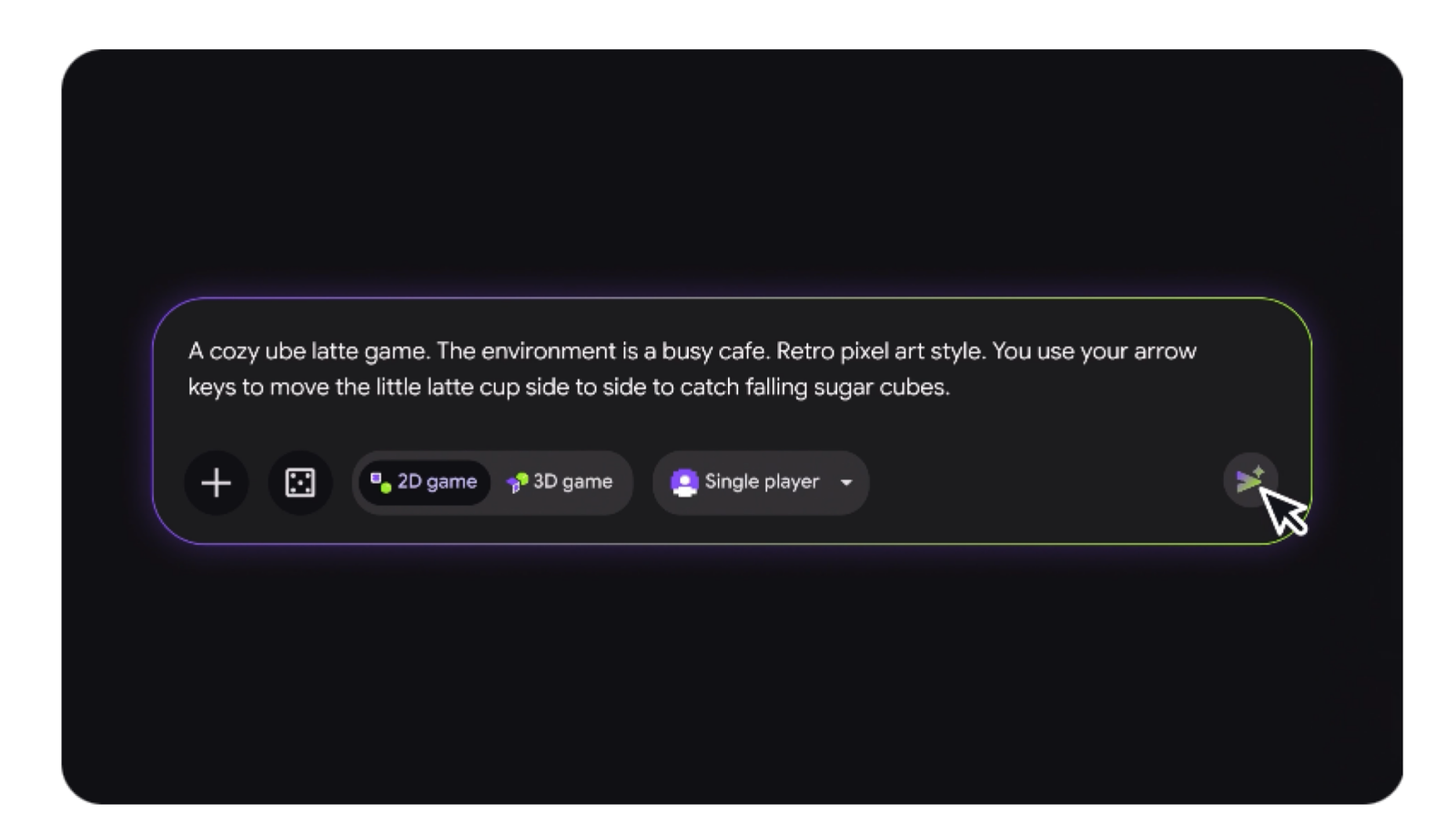 Google Playground’s prompt box describing a pixel-art café game where a latte cup catches falling sugar cubes, with 2D and single-player options selected.