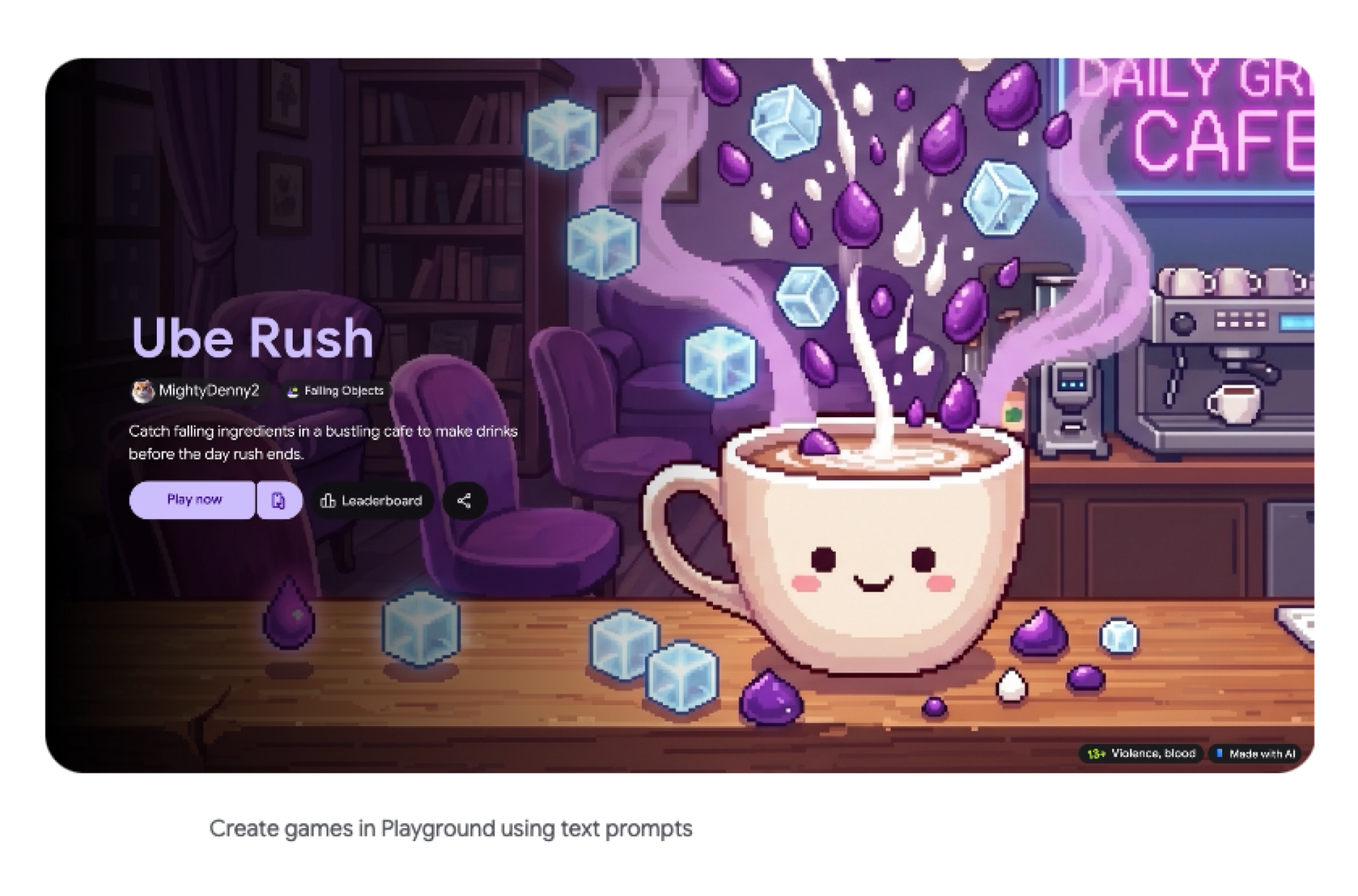 Google Playground’s “Ube Rush” game page, featuring a smiling latte cup surrounded by falling purple droplets and ice cubes in a pixel-art café.